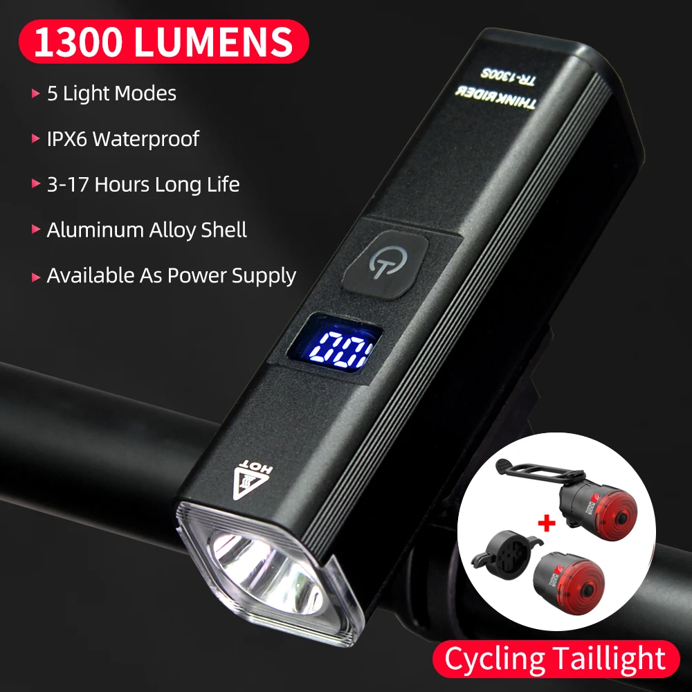 ThinkRider 4500mAh Bike Light USB Rechargeable 1300 Lumens Bike Headlight LED Super Bright Flashlight Front Lights and Back Rear