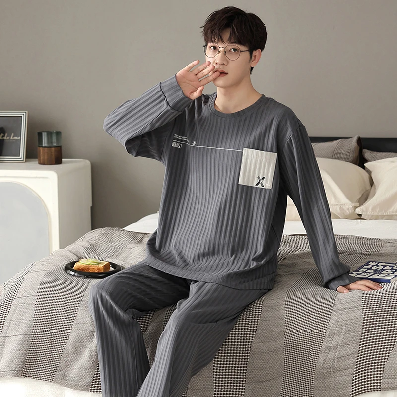 

Autumn And Winter Men's Knitted Cotton Pajamas Letter Printed Cartoon Pajamas Long-sleeved Trousers Set Large Size 3XL Pajamas
