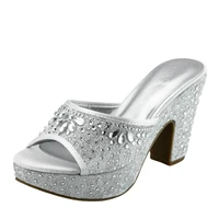 silver dressey summer shoes women wedding party footwear chunky mules sandals platform 3cm lace rhinestone high heels sandals