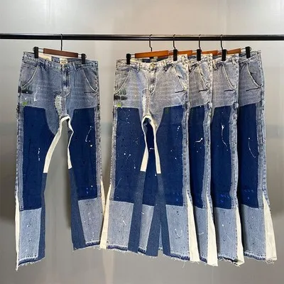 

GALLERY ink Splash Graffiti Micro Horn Structure Stitching Casual Loose Leans Long Pants Men And Women Trend