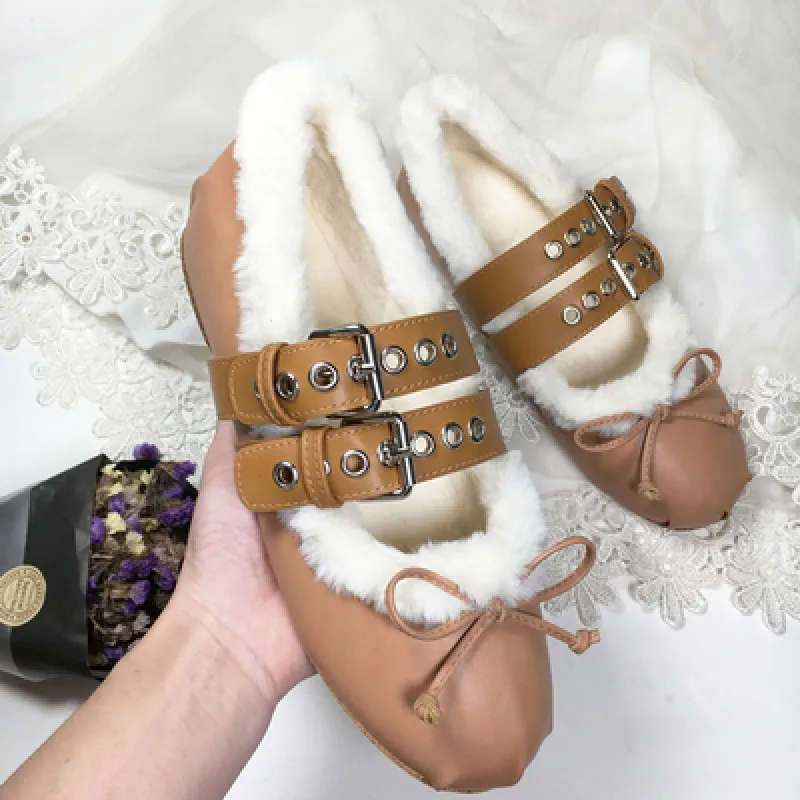 

Ankle Strap Fur Bow Ballerina Flats Shoes Women Female Ballet Flats Belt Buckled Dance Warm Winter Sapatos Femininos Loafers