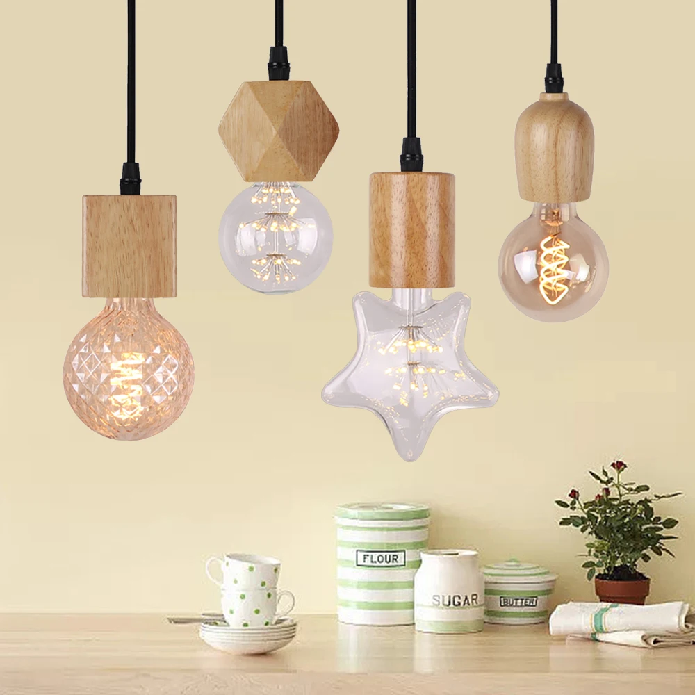 

Farmhouse Wood Pendant Light E27 Socket 220V Adjustable Height Vintage Wooden Hanging Lamp Retro Mini Ceiling Lighting Fixture