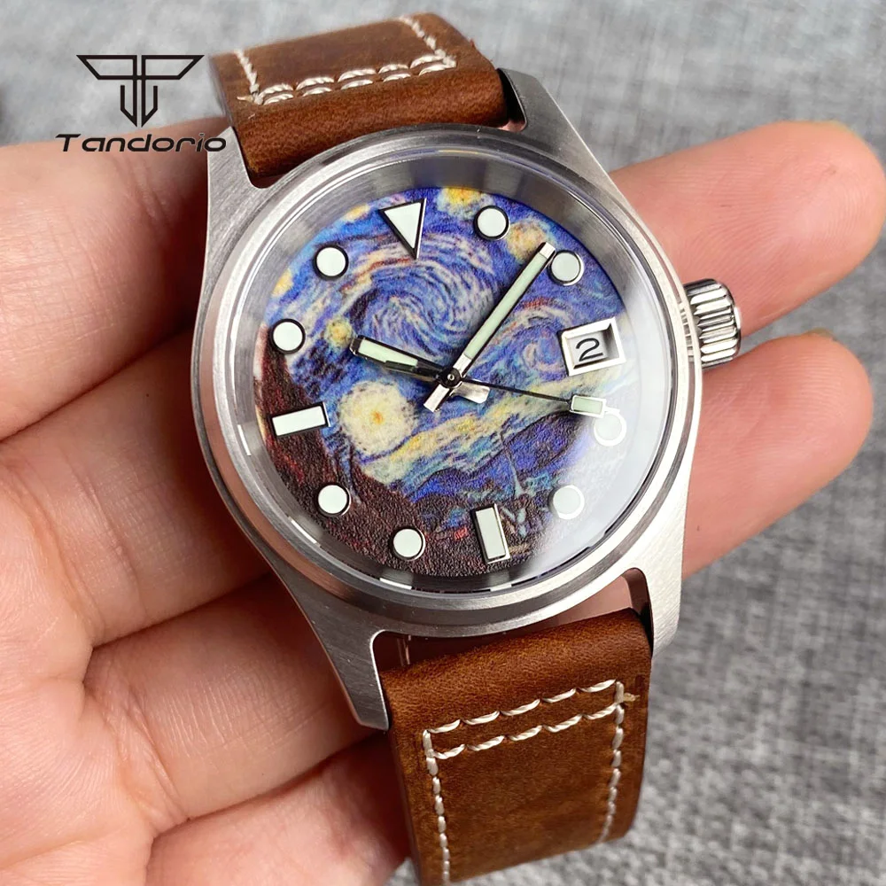 Фото Tandorio Pilot Style NH35 Starry Sky Dial Автоматические часы для погружения 36 мм Мужские часы 20 атм Дата Полностью светящиеся механические наручные часы Кожаные №2