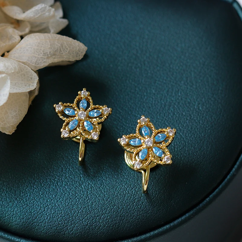 Flower Inlaid Sapphire Earrings Phnom Penh Orchid Ear Clip for Women Brass Earrings Without Earhole Ear Clip Wedding Jewelry