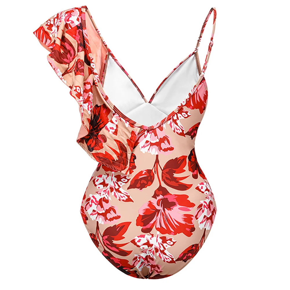 Red Print Sling Bikini Set and Cover Up High Waist One-Piece Swimsuit One-Shoulder Ruffle V-Neck Backless Sexy Beachwear Fashion