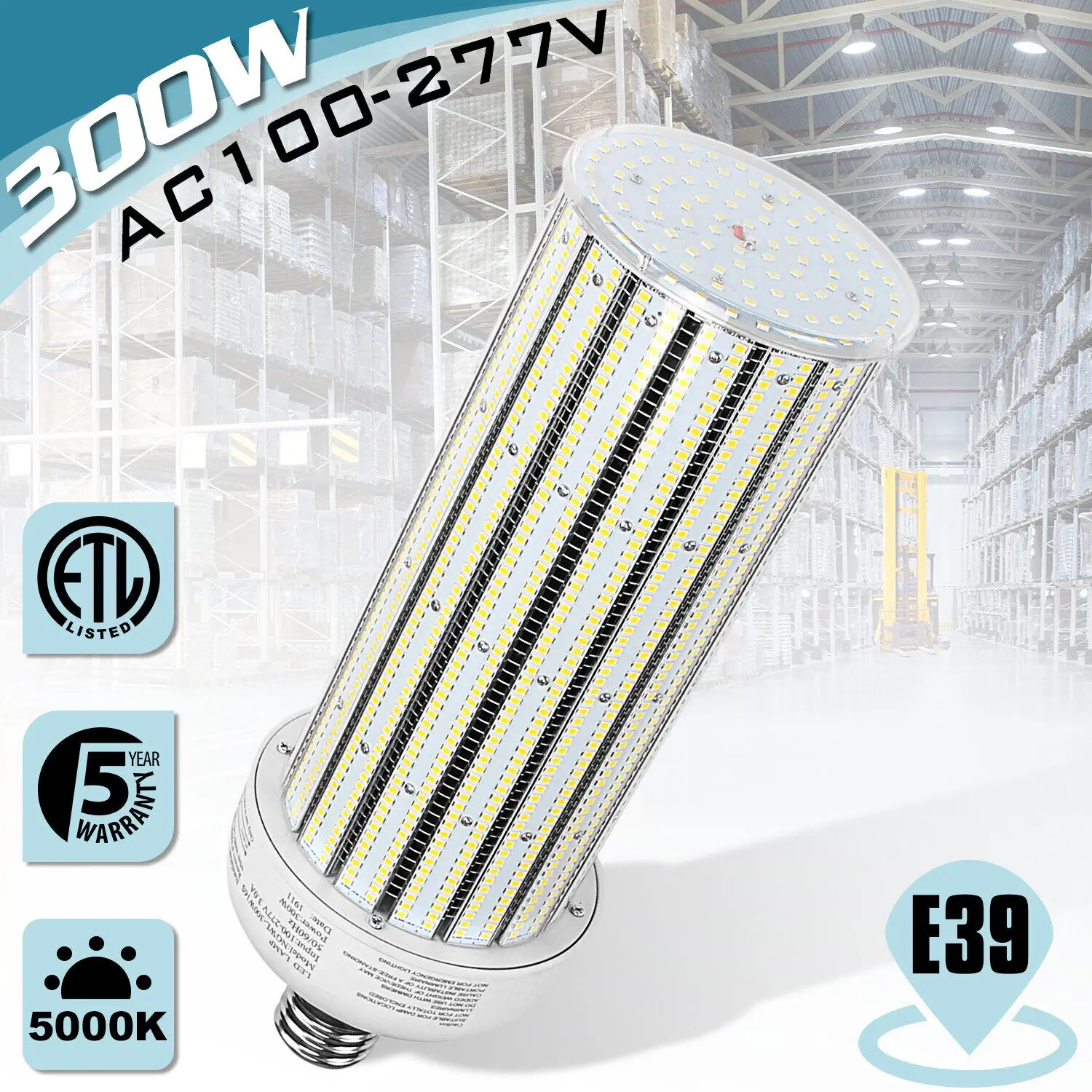 300W LED Corn Light Bulb Lamp, 40,000LM 6000K 100V~277V Super Bright Light for Indoor Large Area Garage barn Workshop Warehouse