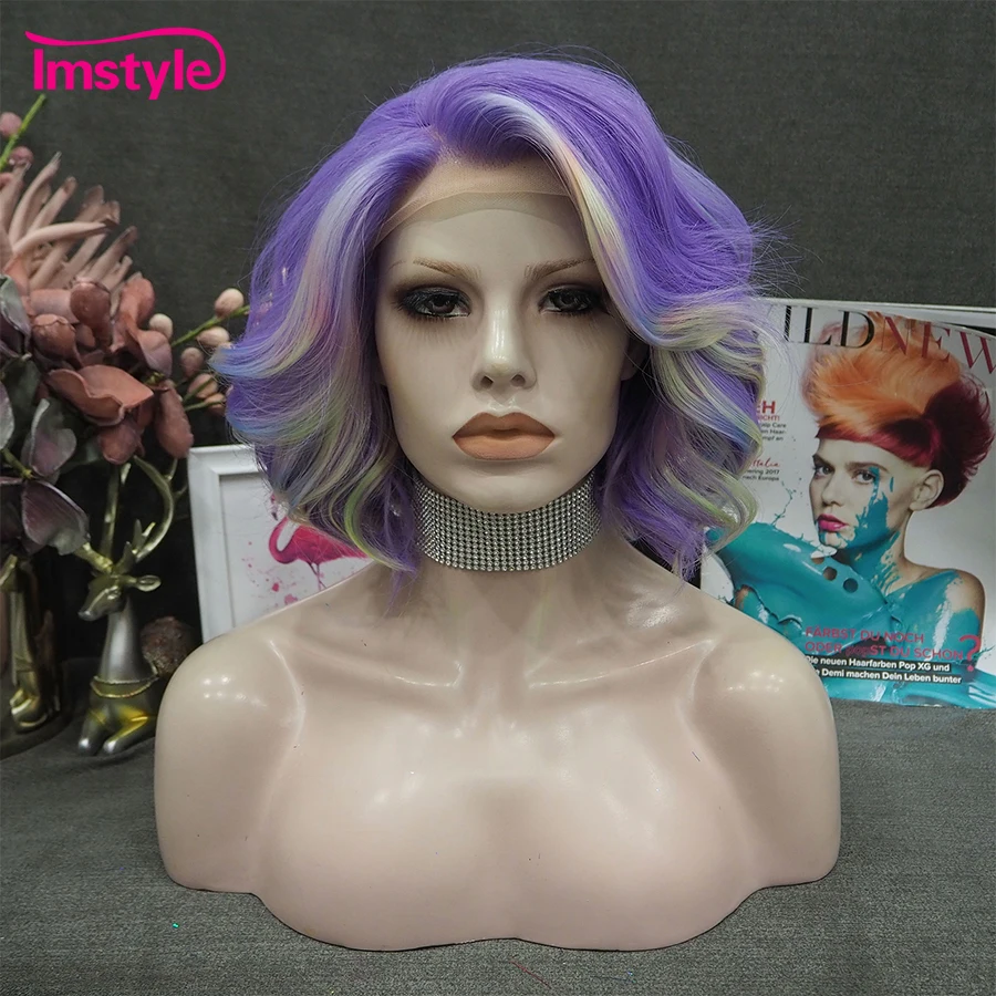 Imstyle Purple Highlight Wigs Short Synthetic Lace Front Wig Gorgeous Hair Multicolor Wigs For Women Party Wig Heat Resistant