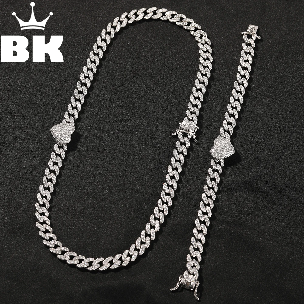 

THE BLING KING 2pcs Necklace Bracelet Set For Women 9mm CZ Stone Cuban Chain Choker Zircon Pave Heart Charm Cute Jewelry Gift