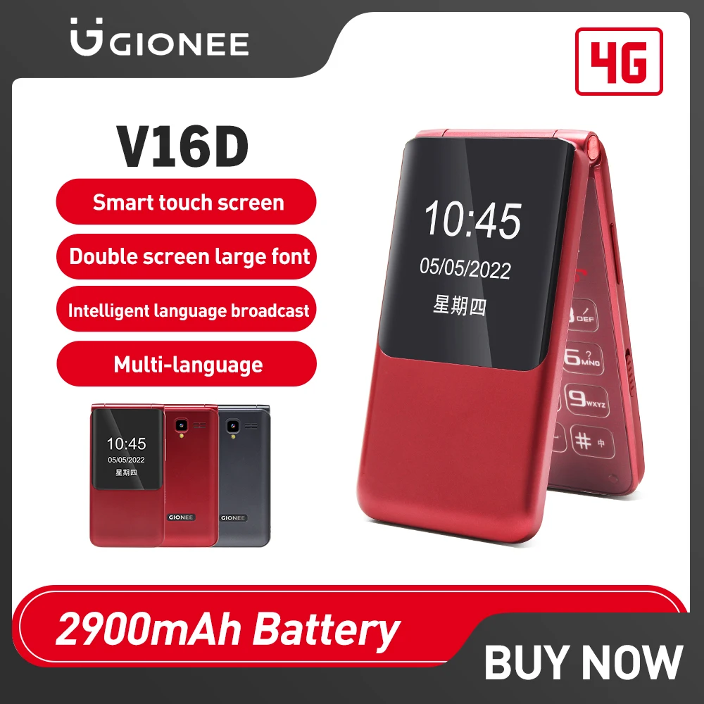 GIONEE V16D 4G Flip Feature Phone 2GB 16GB Big Push-Button Dual Sim Clamshell Touch Screen Cellphone Support Whatapp SOS