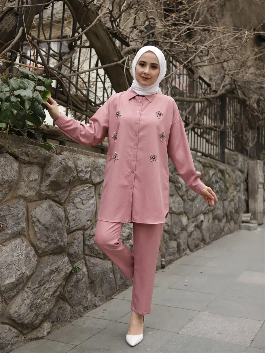 

Women's twinset Pearl and cubic zirconia button tunic shirt and pants women's twinset linen summer bottom and top Muslim fashion