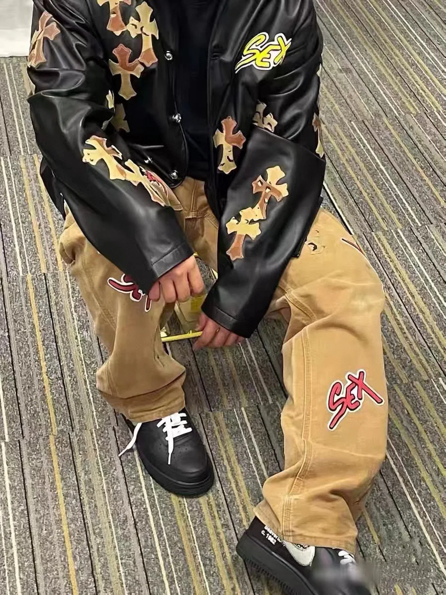 B01 Jeans Trousers Sex Letter Logo Leather Cross Black Vibe High Street Tide Couple Europe And America Limited