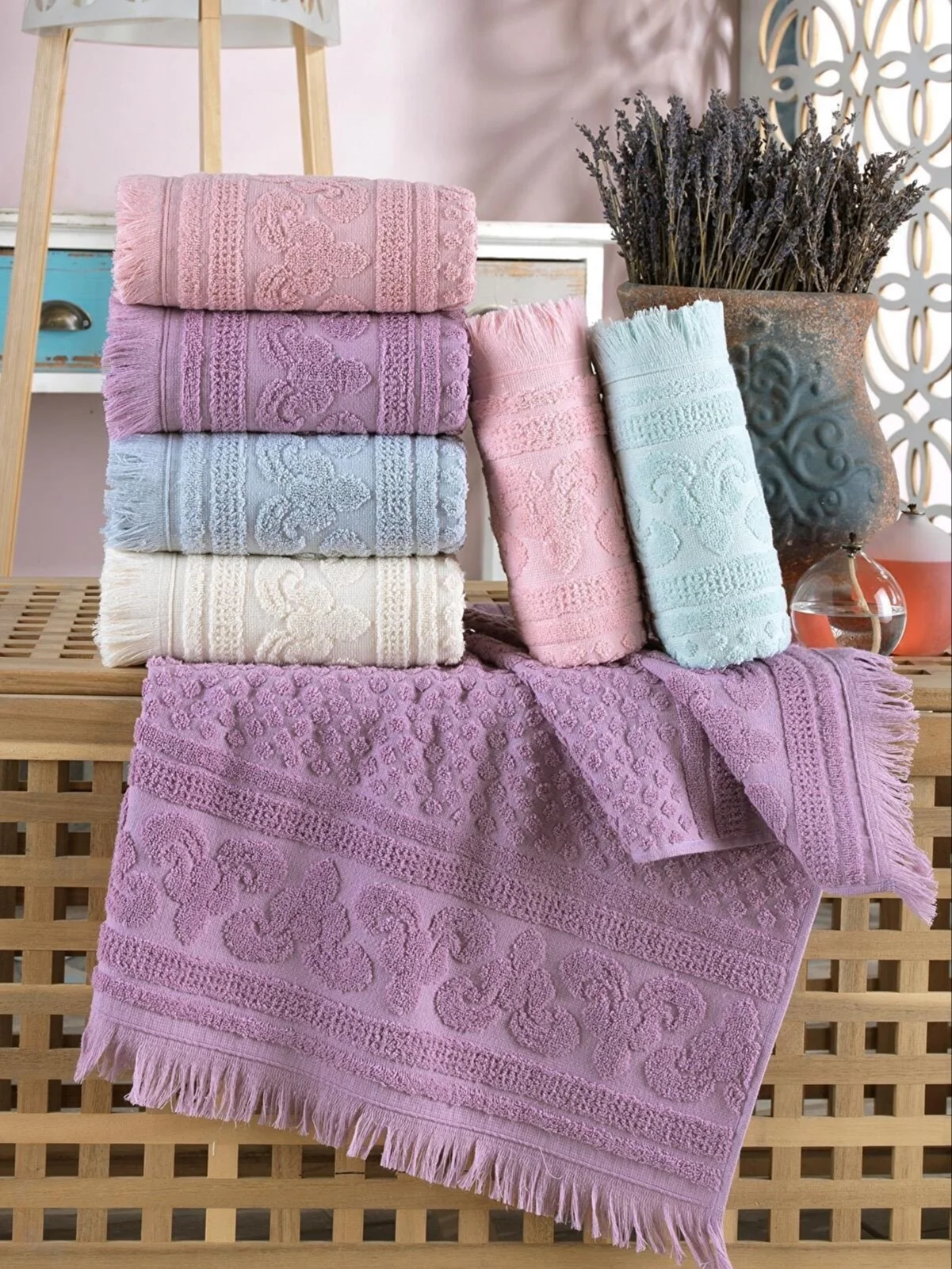 

6 Pcs Bath Hand Face Hair Towel Set 50x90 Cm %100 Cotton Colorful High Quality Quick Dry Soft Great Absorbent 2023