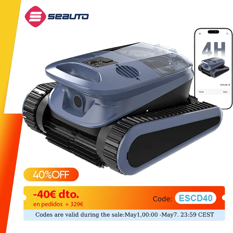 Seauto SAT 40 Robotic Pool Cleaner, 240 Mins Runtime, AI Sonar Navigation, 4 Modes Cleaning, for Pools of 3200 Square Feet