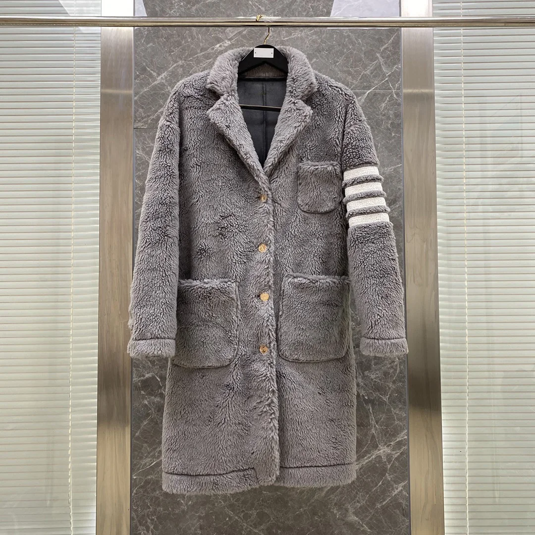 TB THOM Women's Jackets Korean Fashion Winter Long Coat Notched Collar Stripes Sheep Wool Overcoats Thick Warm Men's Jackets