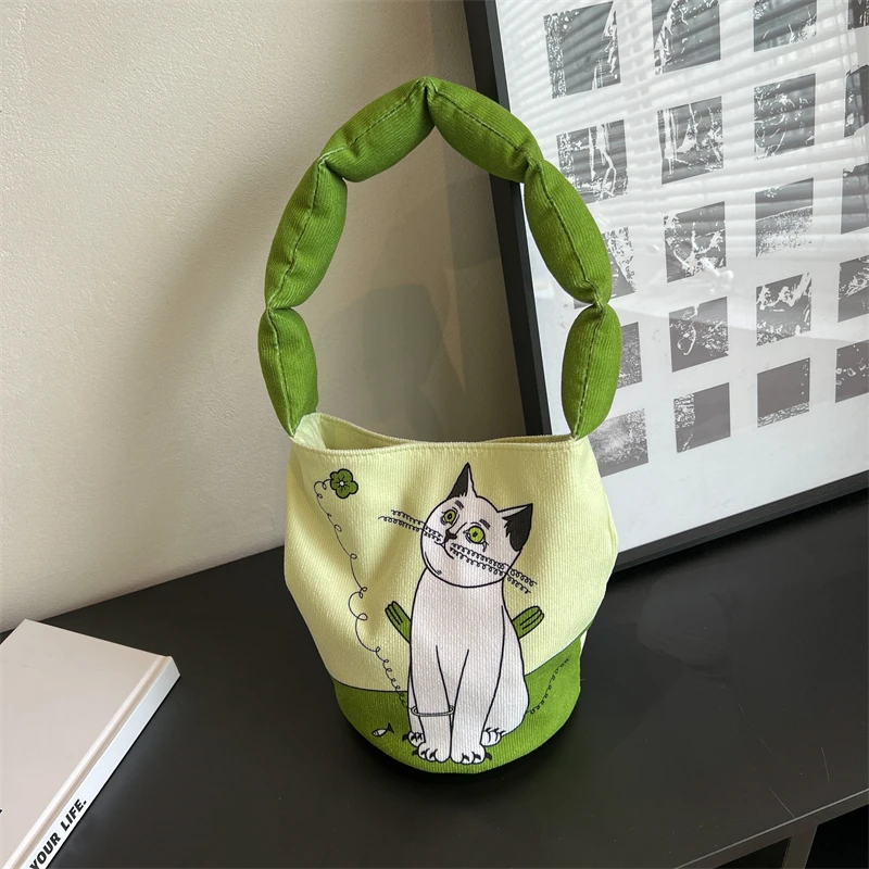 

Casual Padded Cotton Shoulder Bag Cartoon Printing Handbag For Women Fashion Bucket Portable Canvas Shopper Bag Top-Handle Bag