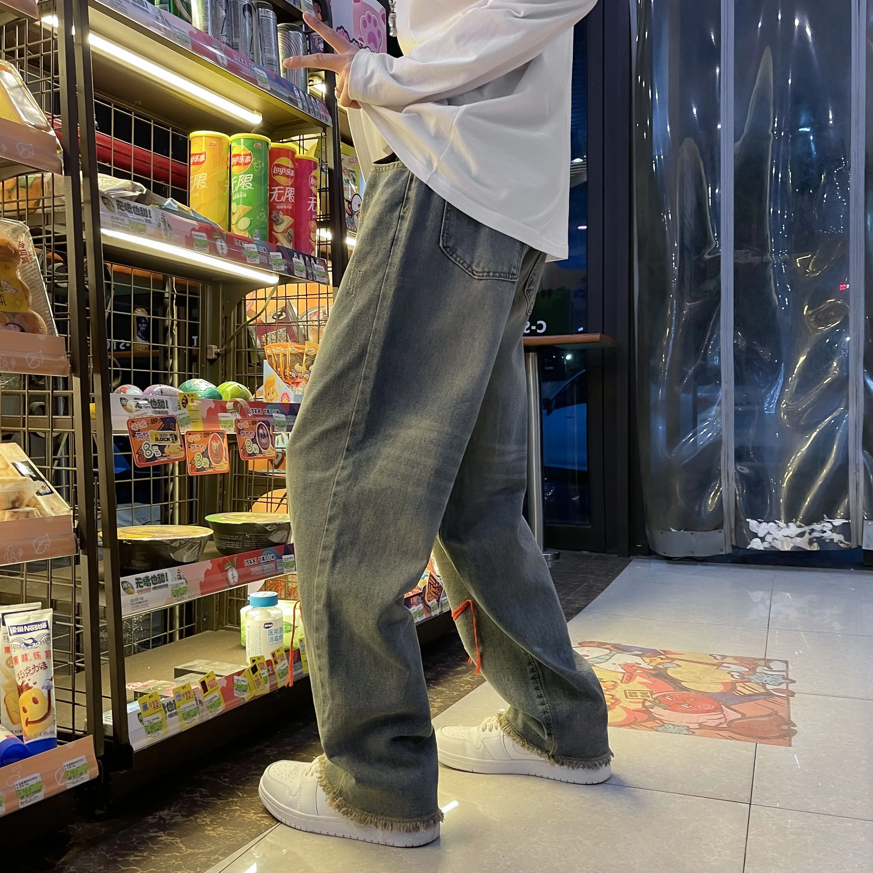 Four Seasons Y2K Men Fashion Grey Street Embroidery Loose Jeans Straight Hip Hop Pants Male Clothes