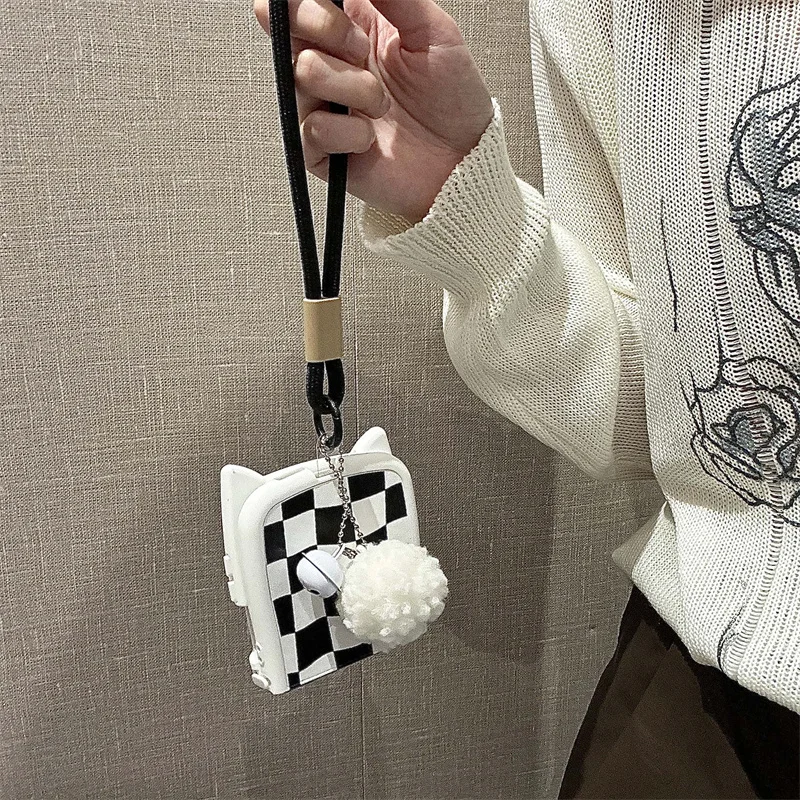 Cartoon Cat ears Plaid leather wristband Case Samsung Galaxy Z Flip 6 5 flip 3 4 Hand cord Cute plush shockproof cover fashion