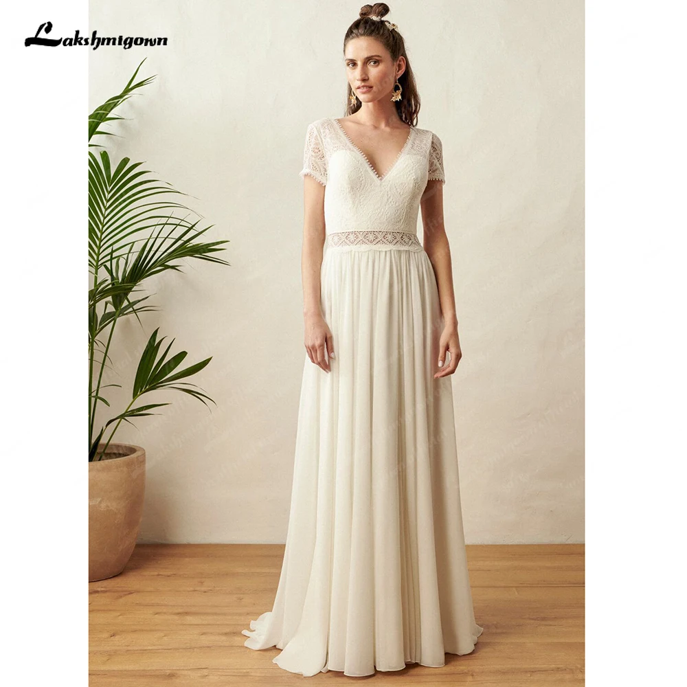 

Платье Lakshmigown в стиле бохо цвета слоновой кости, шифоновое пляжное платье с длинными рукавами-крылышками, кружевное платье трапециевидной формы с V-образным вырезом, винтажное богемное платье для невесты