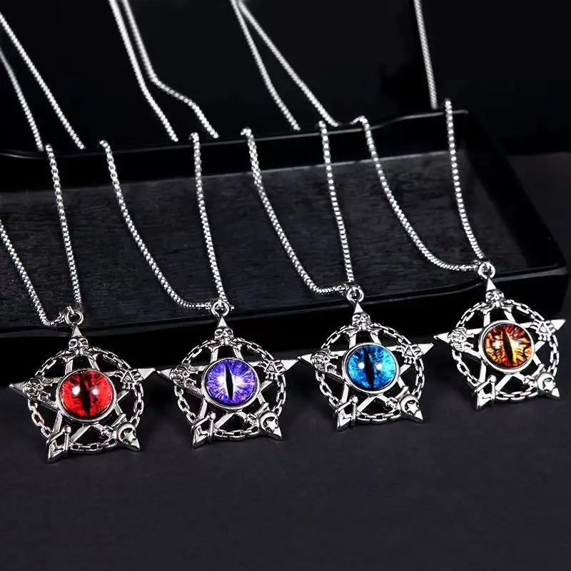 

ULJ Hip-hop Retro Style old Pentagram Turkish Eye Devil Male Chain Necklace Punk Magic Skull Pendant Jewelry