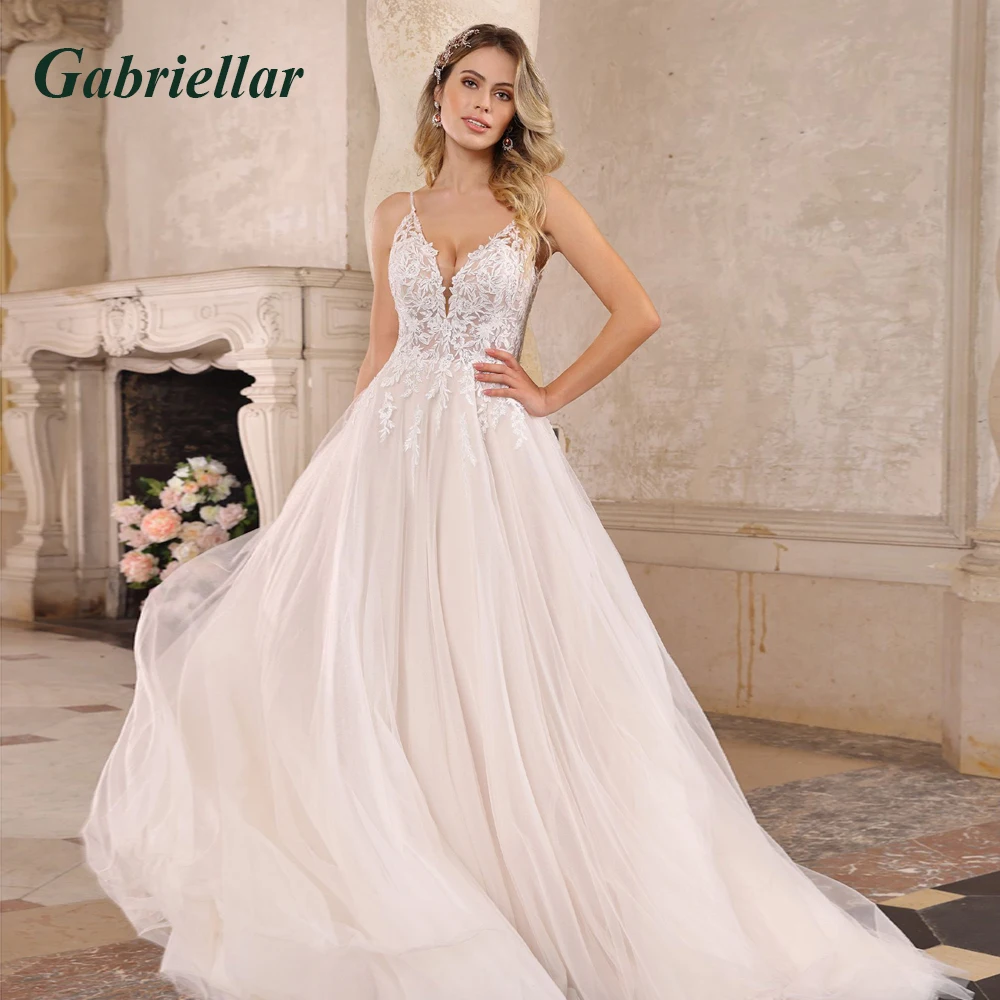 

Gabriellar Exquisite Wedding Dresses Appliques Spaghetti Straps Backless V-neck Button A-line Vestidos De Novia Made To Order