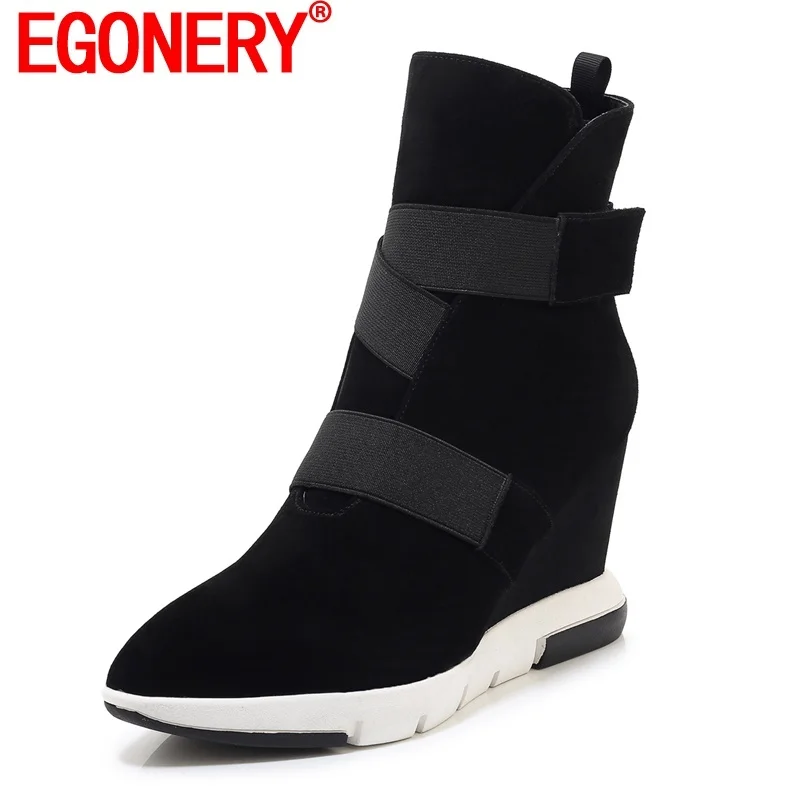 

EGONERY Woman New Ankle Boots Sheep Suede Leather Upper Pointed Toe High Heels Wedges Fashion Party Pumps Drop Handmade Booties