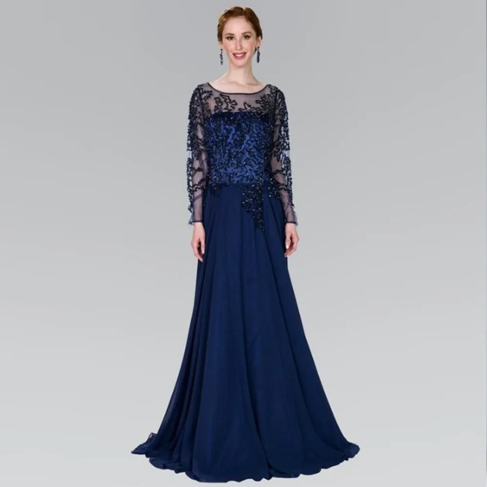 

Navy Blue Mother of the Bride Dresses O Neck Long Sleeves Lace Appliques A-Line Floor-Length Vestidos Para Bodas Mujer Invitada