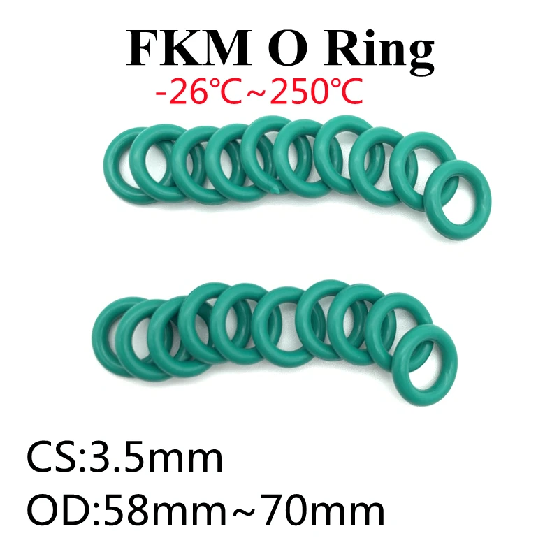 

10pcs Green FKM Fluorine Rubber O Ring Thickness 3.5mm OD 58mm~70mm Seal Gasket Insulation Oil High Temperature Resistance Green