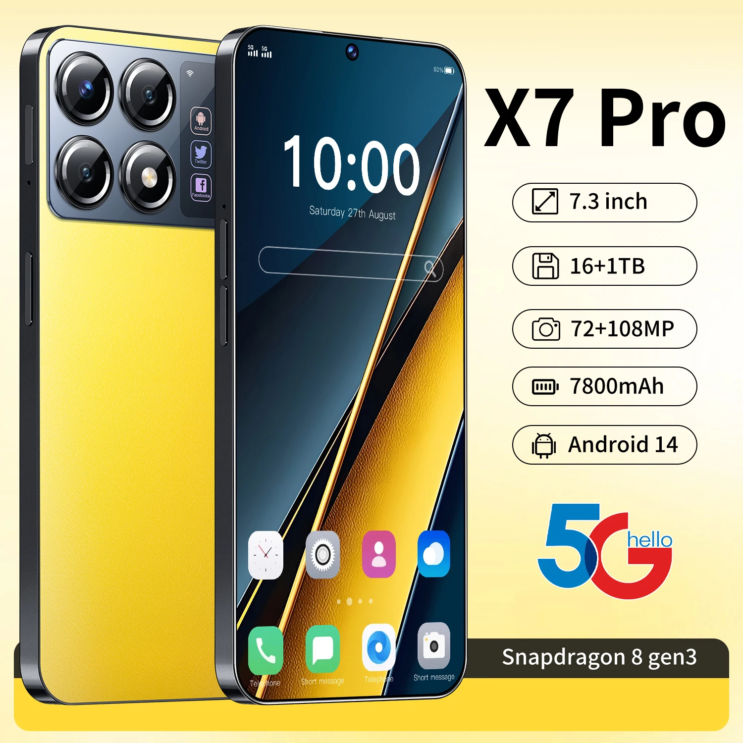 2024 Новый смартфон X7 Pro, 7,3-дюймовый полноэкранный мобильный ...