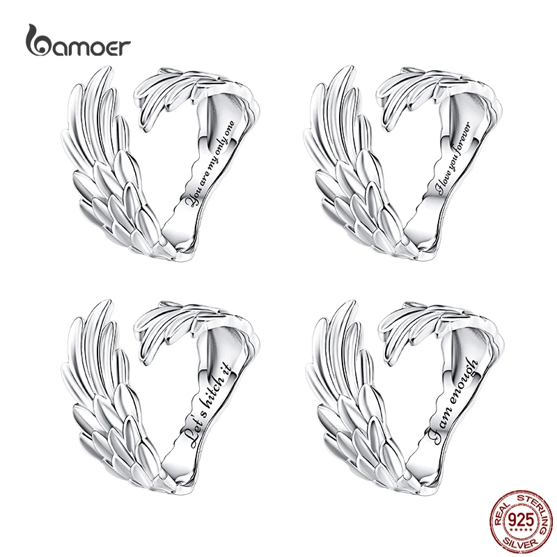 

Bamoer Engrave Angel Wing Open Ring 925 Sterling Silver for Women Adjustable Lucky Guardian Ring Fashion Statement Jewelry Gifts