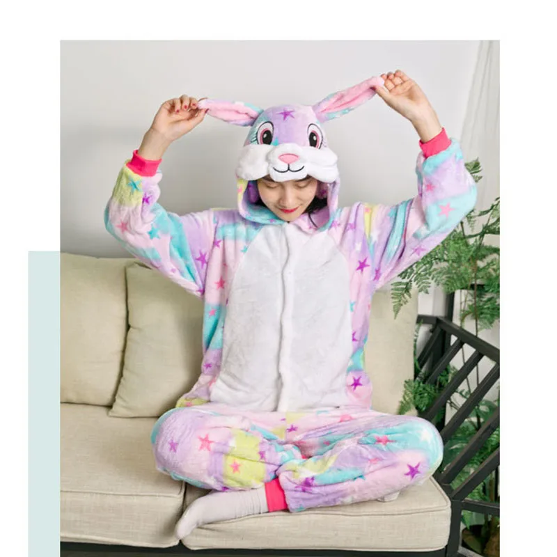 Family Kigurumi Pajamas Rainbow Rabbit Stars Animal Onesie Cosplay Costume Pajamas For Kids and Adults