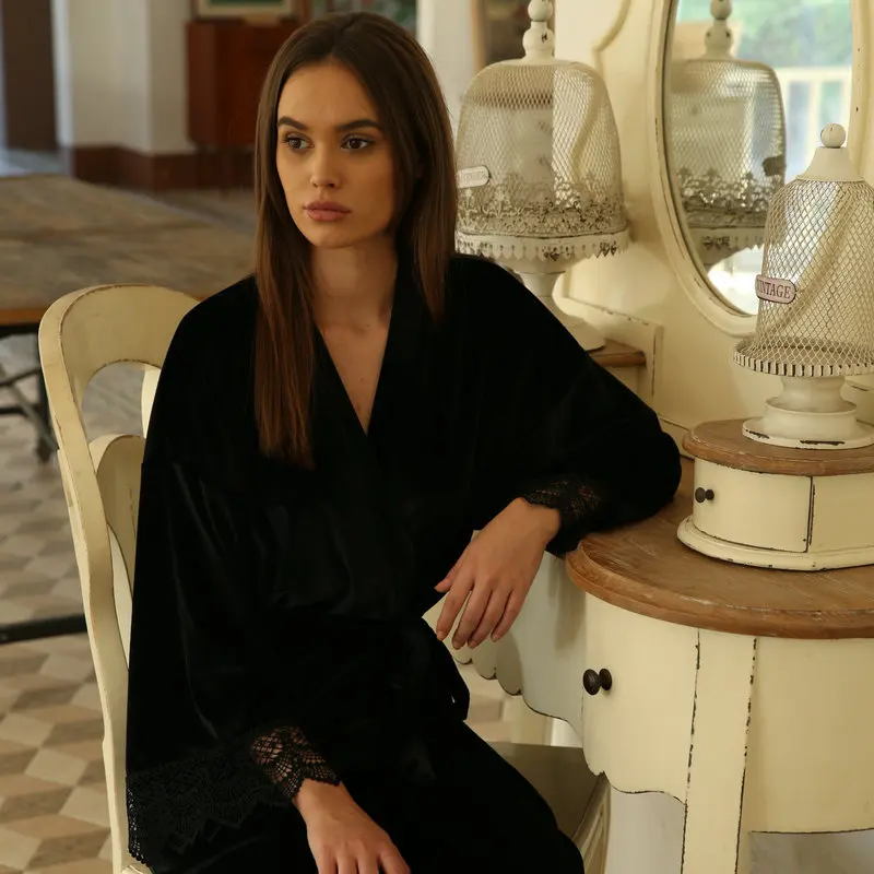 Yellow Velvet Robe with lace for women Party Wedding home wear long robes 6041 bathrobe women  robes for women  gown for women