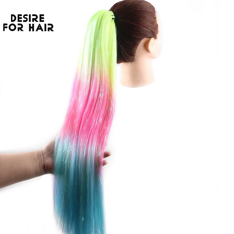 Фото Прямые волосы Desire for Hair 26 дюймов, хвост Yaki с лентой для волос, Микс мишуры, блестящие синтетические волосы для плетения №4
