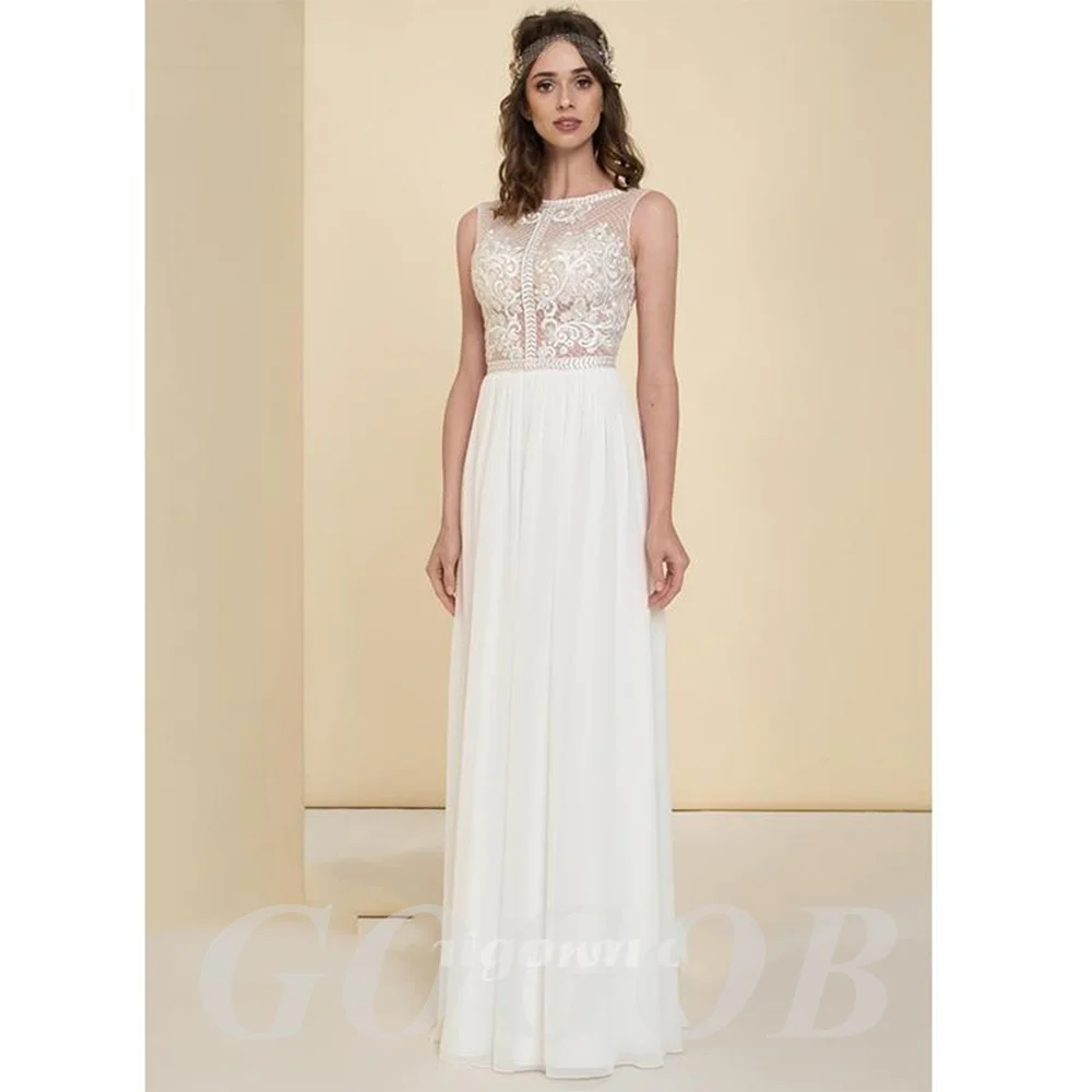 

GOGOB High Neck Appliques Lace R071 A-Line Chiffon Wedding Dress Vestido De Noiva Bridal Gown Robe De Mariage Court Train