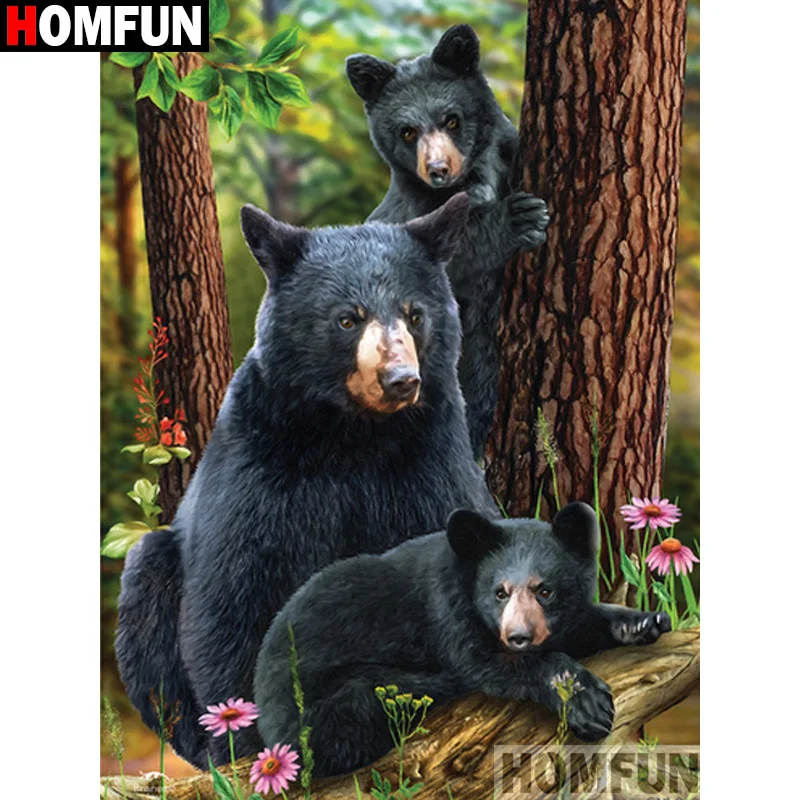 

Алмазная живопись HOMFUN, вышивка крестиком «медведь, цветы» 5D, для творчества, полноразмерная/круглая картина