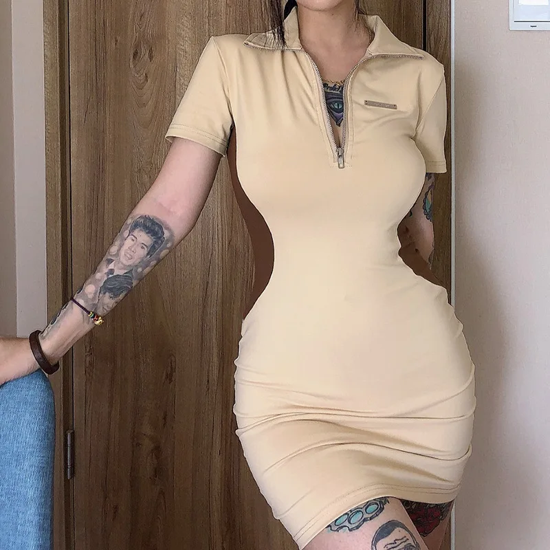 

Women's Casual Wholesale Summer New Polo Collar Zipper Sexy Slim Splicing Contrasting Colors Mini Dresses