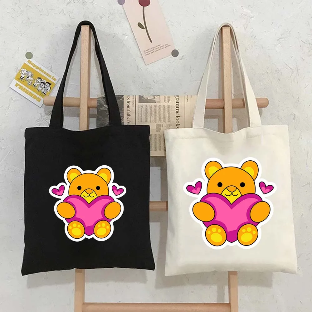 

Cute Bear with Hearts Cartoon Printed Tote Bags for Women Canvas Shopping Bag Eco Large Capacity Reusable Handbags