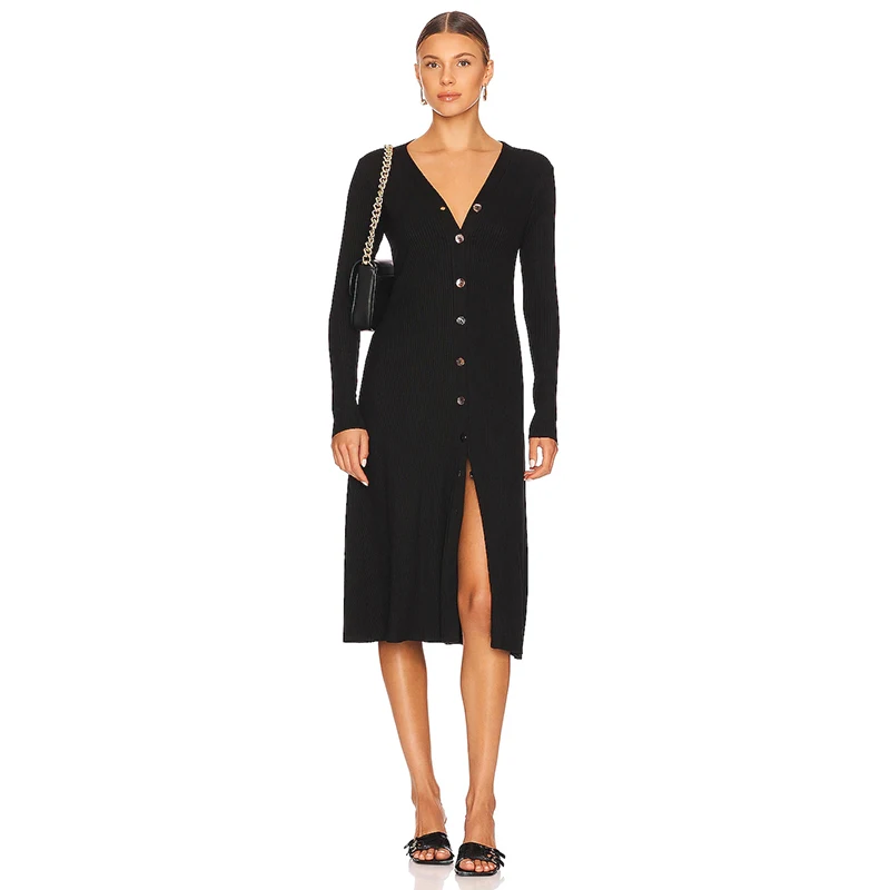 

Elegant Knitted Sweater Dress Women Long Sleeve Loose Dress Casual Slit Tight Mini Dress Summer V-Neck Bandage Dresses
