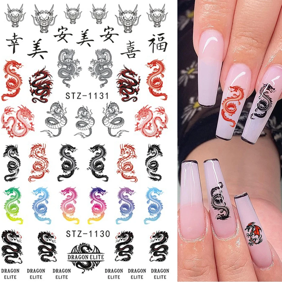 Red Black Colorful Dragons Nail Stickers Angel Virgin Mary Water Decals Temporary Tattoo Slider For Nail Manicure LESTZ1114-1137