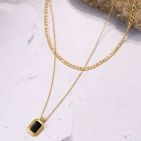 ins fashion french style 18k gold plated stainless steel double layering chain choker black acrylic pendant necklace for women