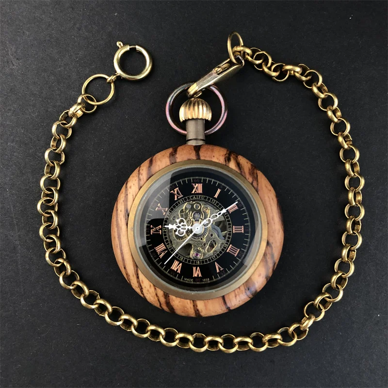 Roman Numerals Vintage Wooden Mechanical Minimalist Pocket Watches For Men Women Necklace Pendant with Chain Gifts
