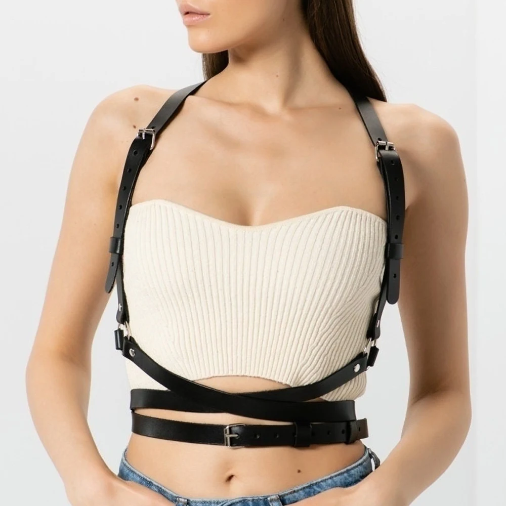 

Black Faux Leather Harness Strap Belts Women Lingerie Body Bondage Cage Sculpting Harness Garters Sexy Goth Harajuku Suspenders