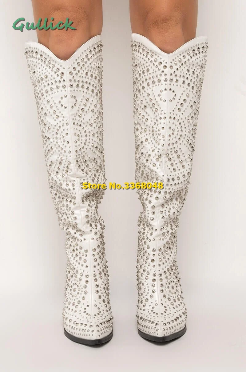 West Chunky Cowboy Boot Studded Pointy Toe Block Heel Knee High Crystal Handmade Winter Boots White Slip On Women Fashion Shoes