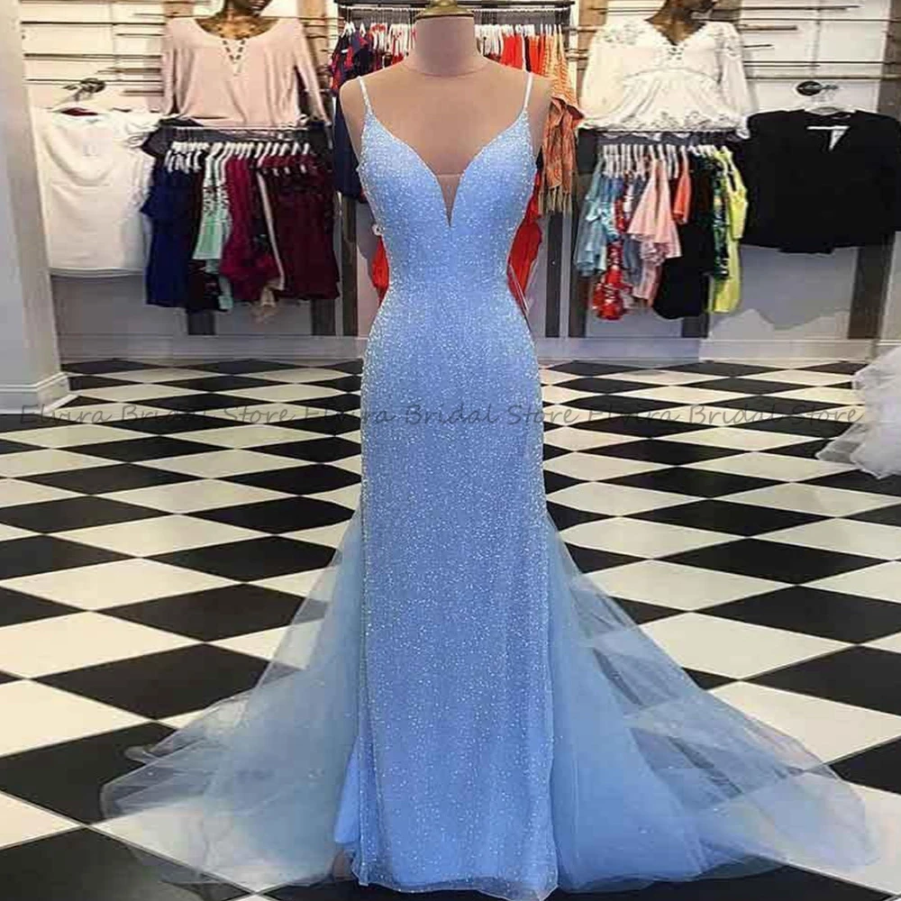

Glitter Sequins Evening Dresses Ladies Mermaid with Spaghetti Straps Sweep Train Tulle Backless V-Neck Long Formal Party Gowns