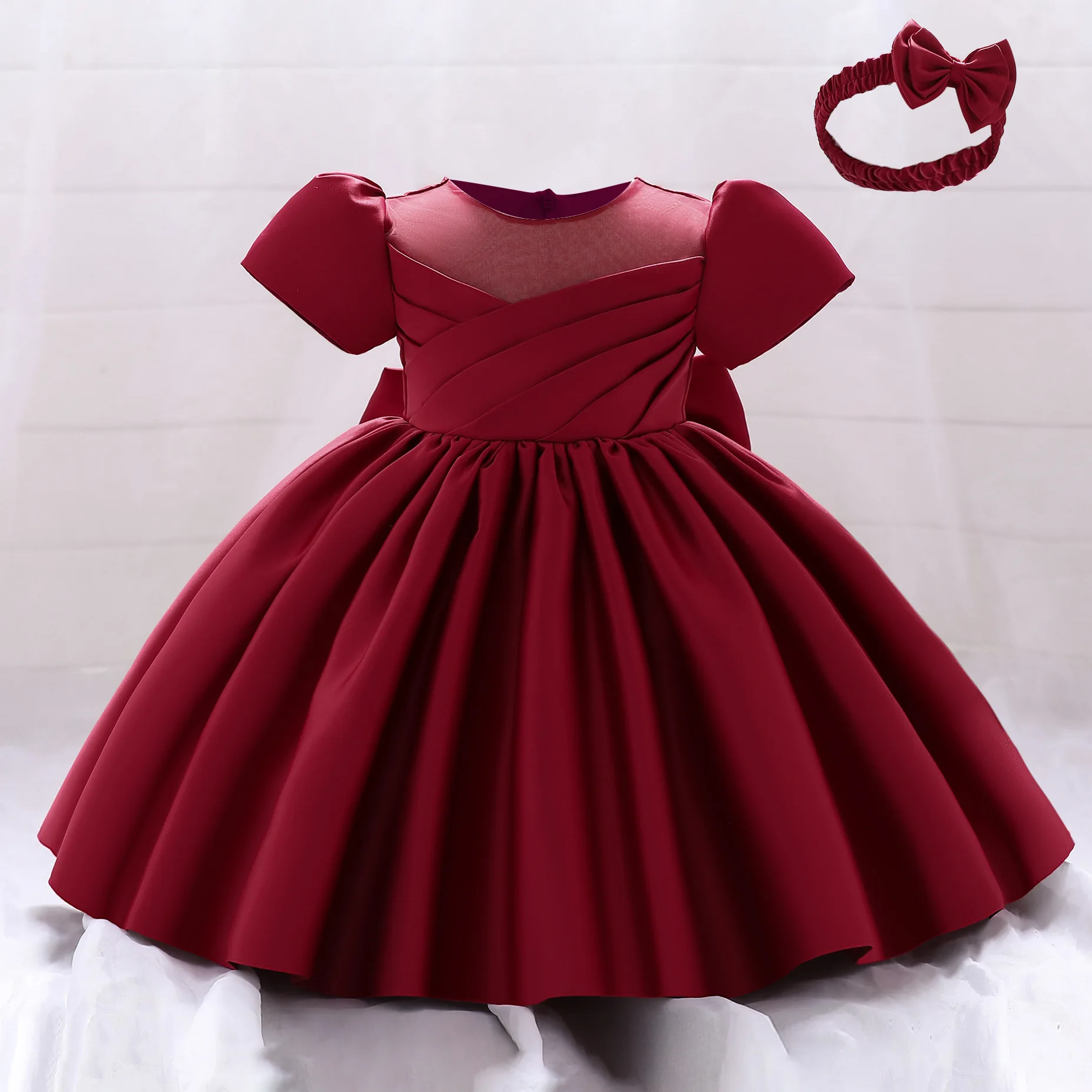 Hot Sell Flower Bubble Sleeve Satin Children'S Ball Gowns First Birthday Party Show Princess Dress Vestido YT021
