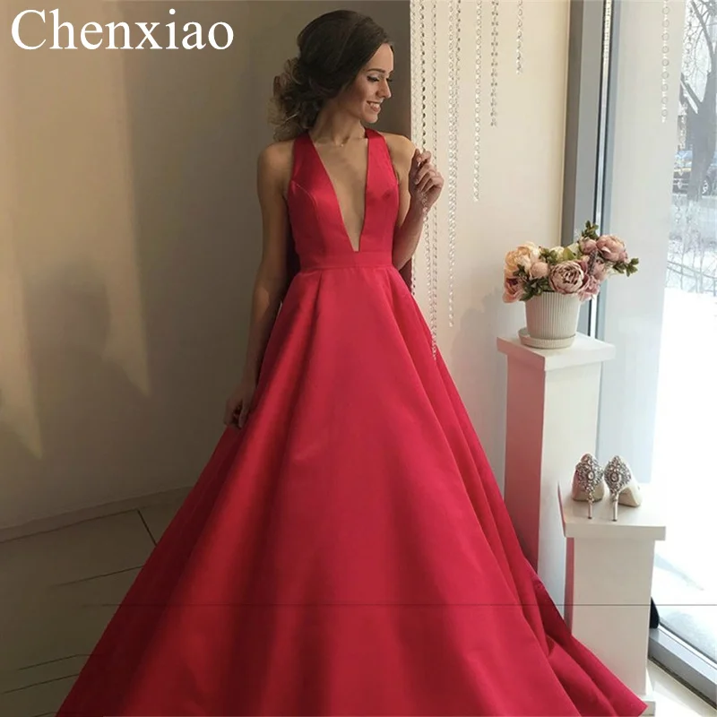 

Красное вечернее платье Chenxiao, платье для вечеринки, с бантом, на бретельках, с глубоким V-образным вырезом, без рукавов, трапециевидного силу...