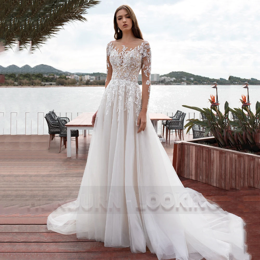 

HERBURN Charming Wedding Gown For Bride Long Sleeves Button Court Train Customised Dropping Shipping Robe De Soiree De Mariage