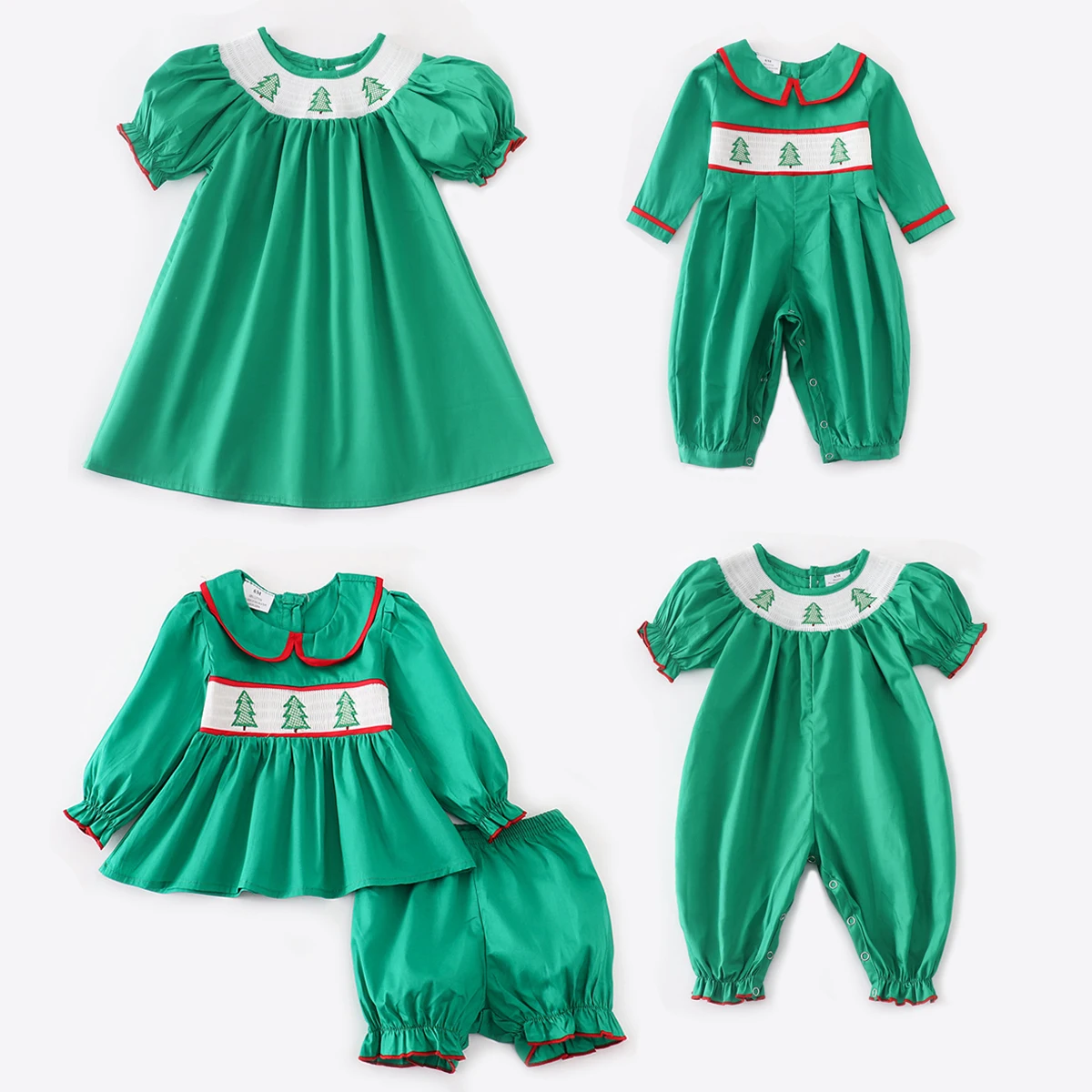 

Girlymax Winter Christmas Baby Girls Boys Sibling Boutique Solid Smocked Woven Christmas Tree Children Clothes Dress Romper set