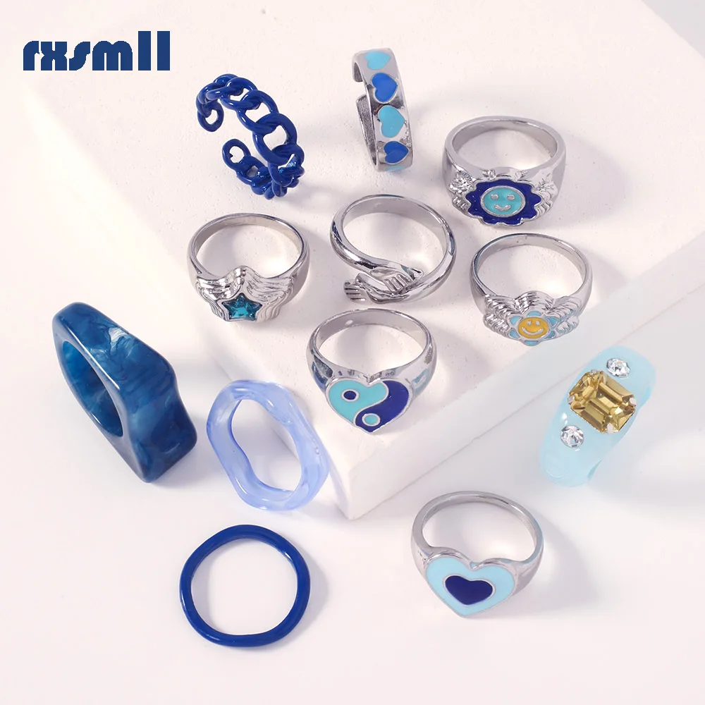 

Y2K Style Korean Colorful Resin Chain Rings Set for Women Fashion Blue Multilayered Heart Ring Wholesale Jewelry