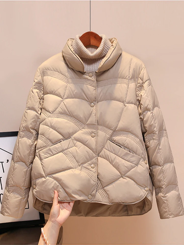 Ultra-light Thin Down Jacket Women 2023 Autumn Winter Solid Color Button Stand Collar Warm White Duck Down Coat Women Outerwear