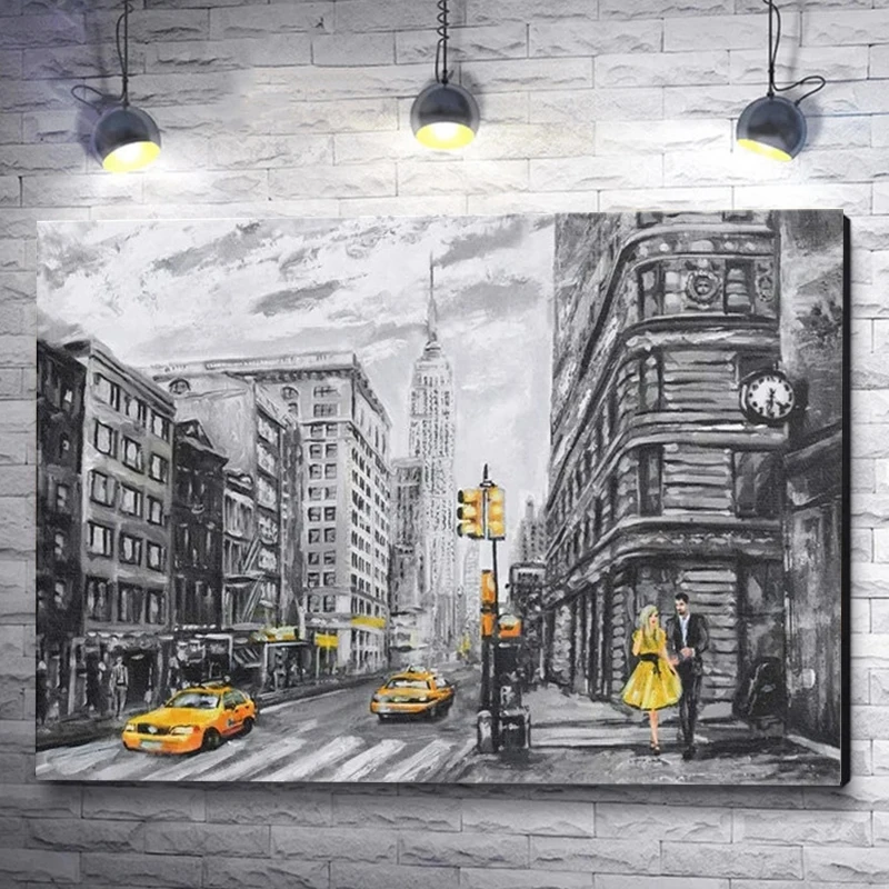 

Абстрактная картина маслом для городского пейзажа на холсте, желто-черное искусство, уличный пейзаж Нью-Йорка, плакаты, принты для гостиной,...